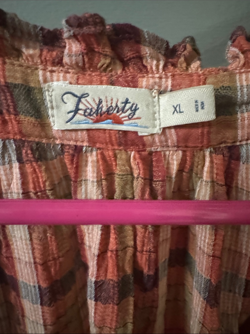 Faherty Analiese Top Relaxed Plaid Peasant Top - Rust/Beige XL - Picture 5 of 9